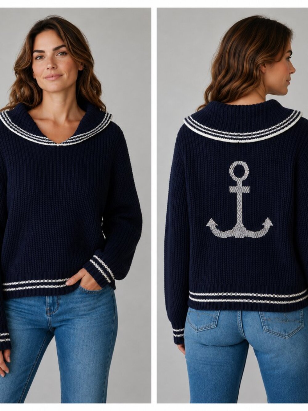 NWT Marled Sailor Collar Anchor Sweater M Navy Cream 100% Cotton Coastal Preppy